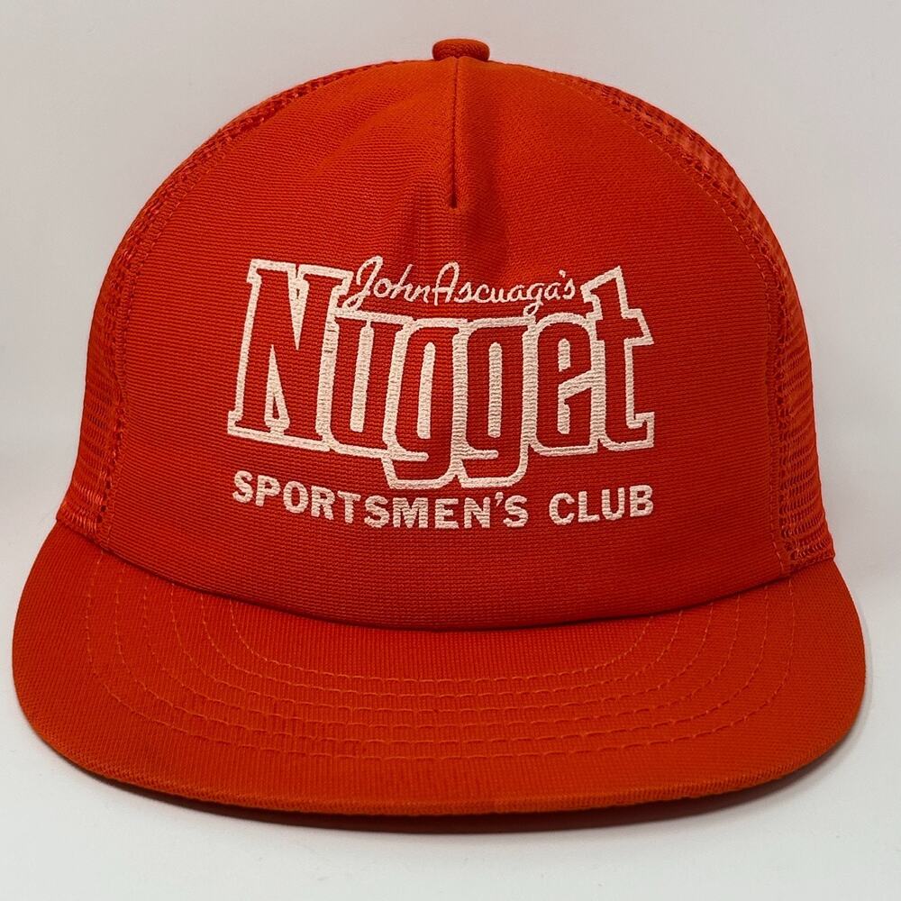 Vintage 80s Nugget Sportsmens Club Trucker Hat Baseball Cap Reno Snapback Orange
